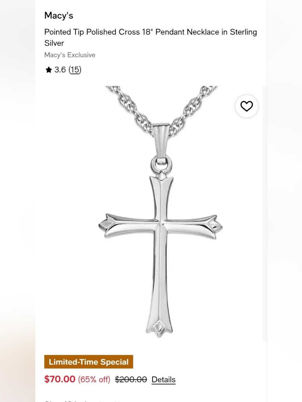 Macy's Sterling Silver Polished Pointed Tip Cross Pendant Necklace